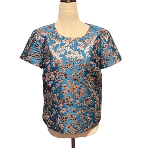 Women’s J. Crew Cherry Blossom Metallic Jacquard Top Short Sleeve Spruce Multi - Picture 3 of 6
